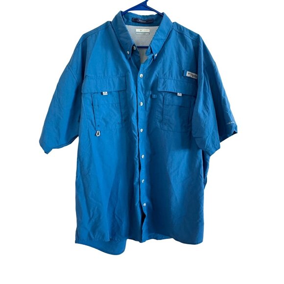 Columbia Bahama PFG Mens XL Tactel Nylon Blue Solid Outdoor Fishing Shirt Short - Picture 1 of 7